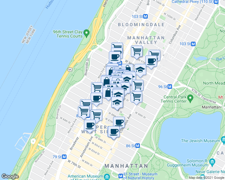 map of restaurants, bars, coffee shops, grocery stores, and more near 166 West 92nd Street in New York