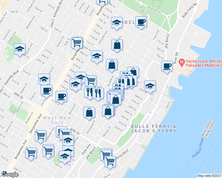 map of restaurants, bars, coffee shops, grocery stores, and more near 6600 Broadway in West New York