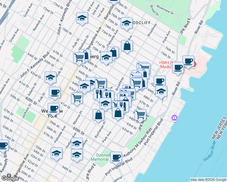map of restaurants, bars, coffee shops, grocery stores, and more near 6600 Broadway in West New York