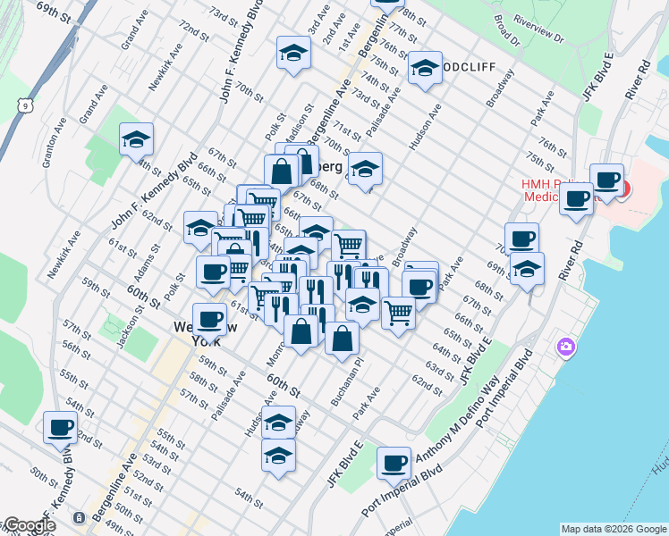 map of restaurants, bars, coffee shops, grocery stores, and more near 308 64th Street in West New York