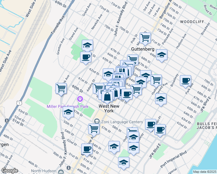 map of restaurants, bars, coffee shops, grocery stores, and more near 6122 Madison Street in West New York