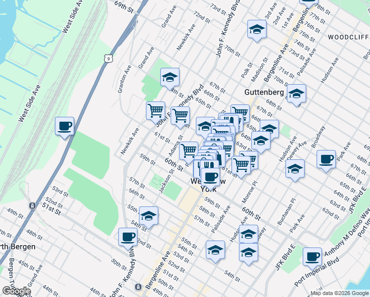 map of restaurants, bars, coffee shops, grocery stores, and more near 6103 Polk Street in West New York