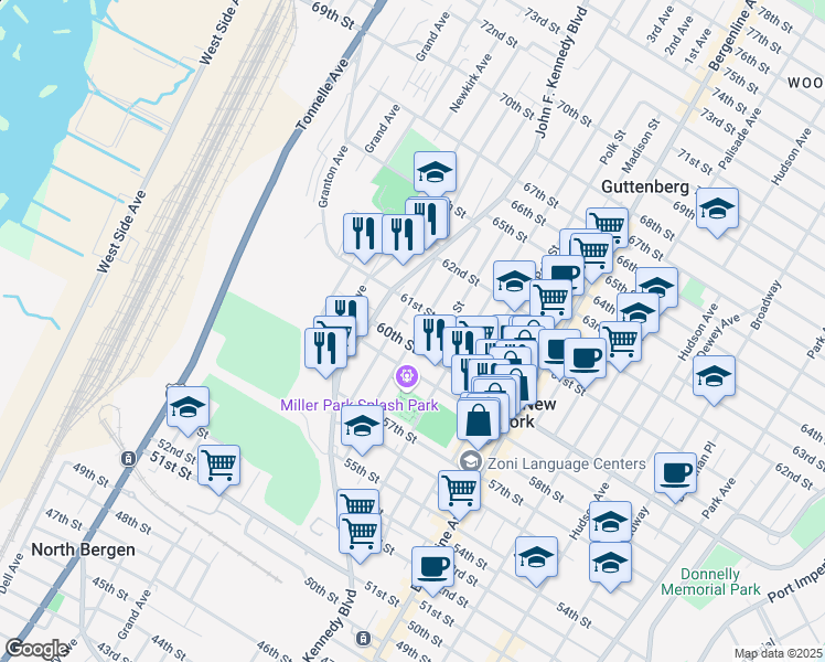 map of restaurants, bars, coffee shops, grocery stores, and more near 620 60th Street in West New York
