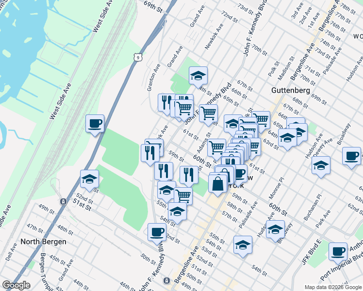 map of restaurants, bars, coffee shops, grocery stores, and more near 620 60th Street in West New York