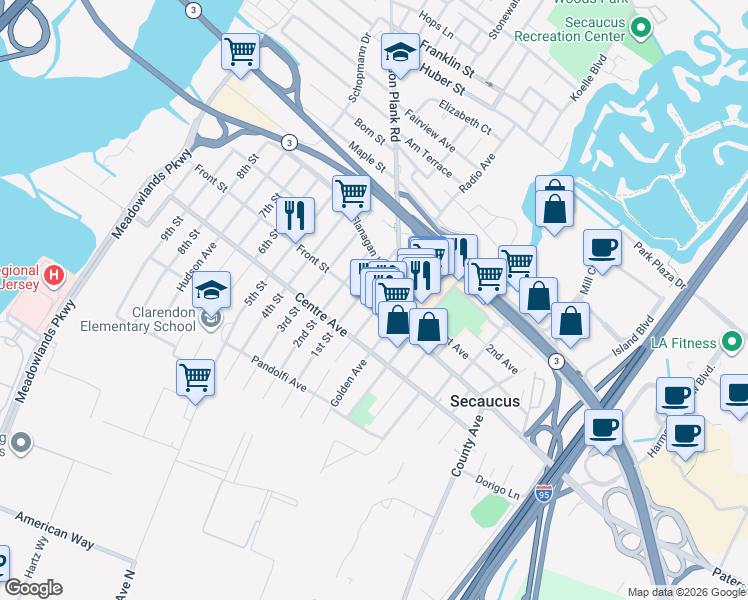 map of restaurants, bars, coffee shops, grocery stores, and more near 163 Front Street in Secaucus