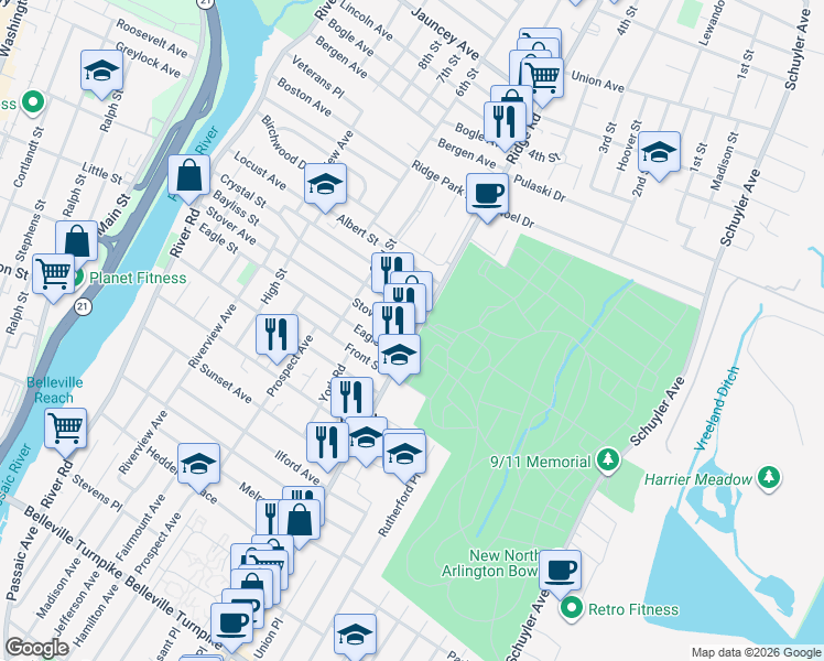 map of restaurants, bars, coffee shops, grocery stores, and more near 293 Ridge Road in North Arlington