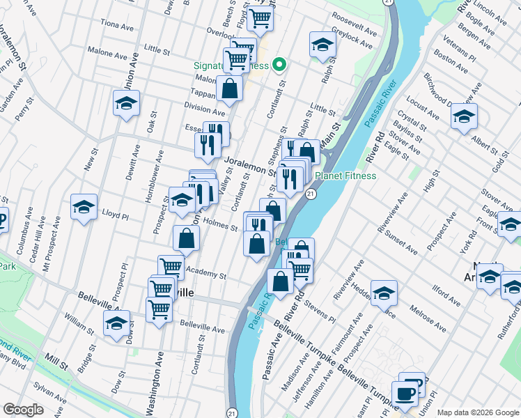 map of restaurants, bars, coffee shops, grocery stores, and more near 204 Stephens Street in Belleville