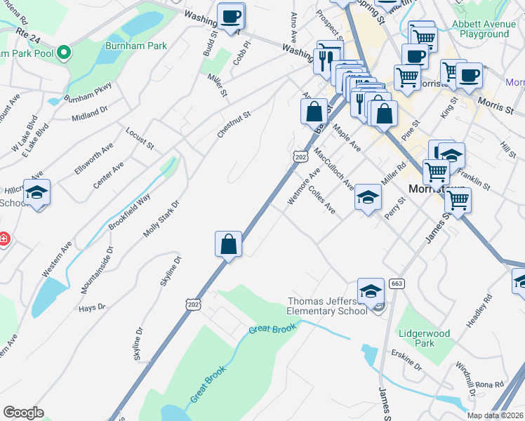 map of restaurants, bars, coffee shops, grocery stores, and more near 68 Mount Kemble Avenue in Morristown