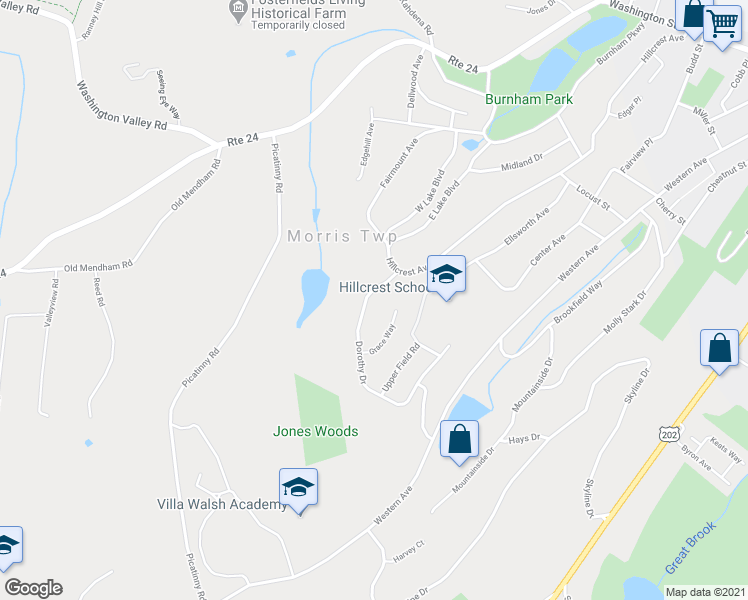 map of restaurants, bars, coffee shops, grocery stores, and more near 15 Grace Way in Morristown