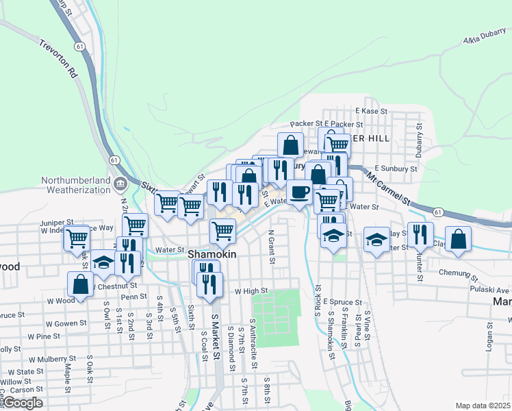 map of restaurants, bars, coffee shops, grocery stores, and more near 47 East Lincoln Street in Shamokin