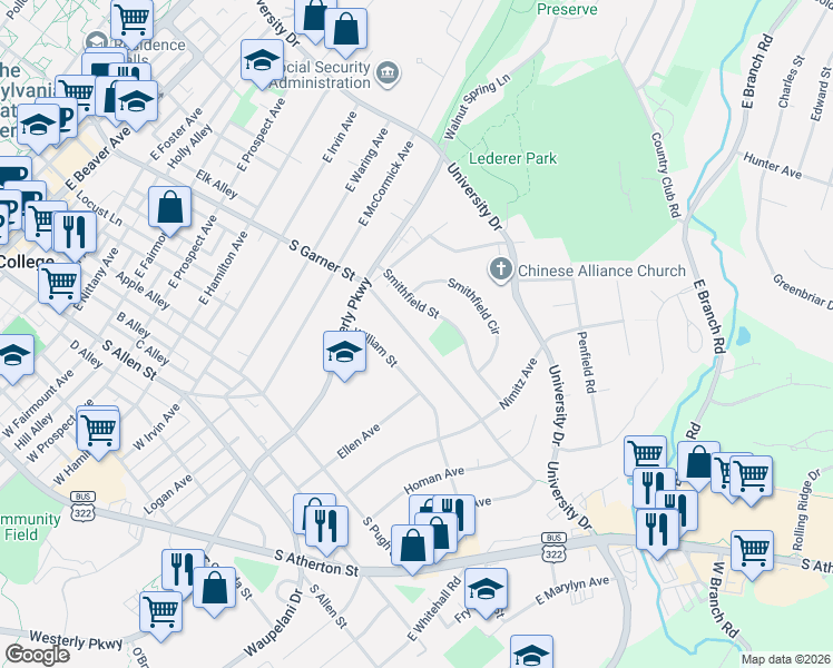 map of restaurants, bars, coffee shops, grocery stores, and more near 1100-1298 South Garner Street in State College