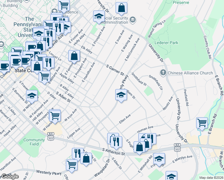 map of restaurants, bars, coffee shops, grocery stores, and more near 260 East McCormick Avenue in State College