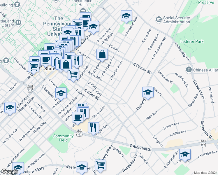 map of restaurants, bars, coffee shops, grocery stores, and more near 708 South Pugh Street in State College