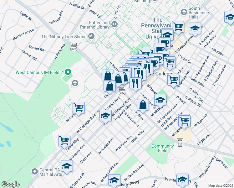 map of restaurants, bars, coffee shops, grocery stores, and more near 412 West College Avenue in State College