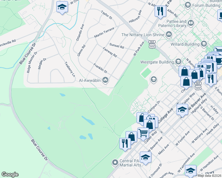 map of restaurants, bars, coffee shops, grocery stores, and more near 701-803 W Park Ave in State College