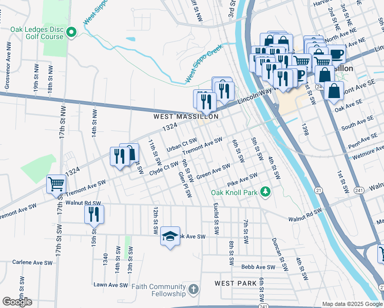 map of restaurants, bars, coffee shops, grocery stores, and more near 841 Tremont Avenue Southwest in Massillon