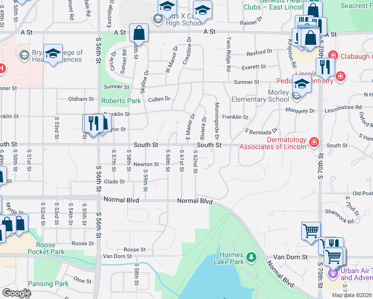 map of restaurants, bars, coffee shops, grocery stores, and more near 2125 South 62nd Street in Lincoln