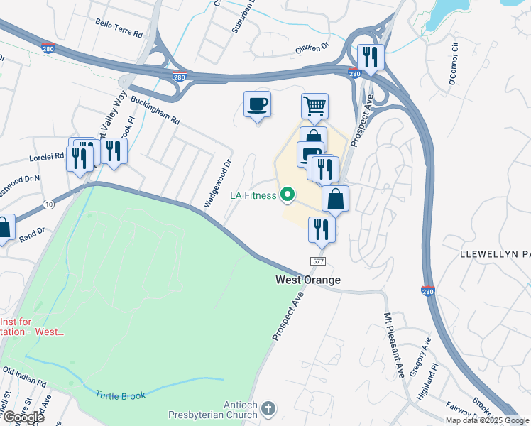 map of restaurants, bars, coffee shops, grocery stores, and more near 325 Mount Pleasant Avenue in West Orange