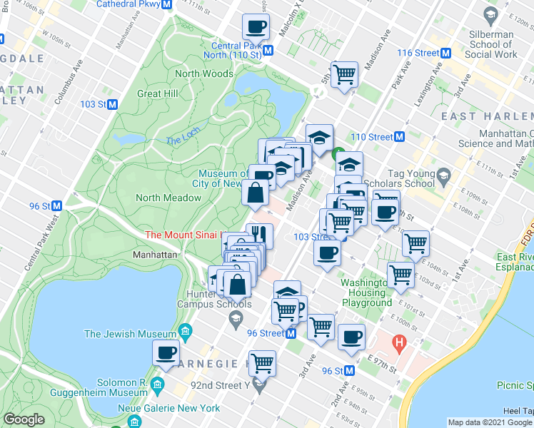map of restaurants, bars, coffee shops, grocery stores, and more near 1185 5th Avenue in New York