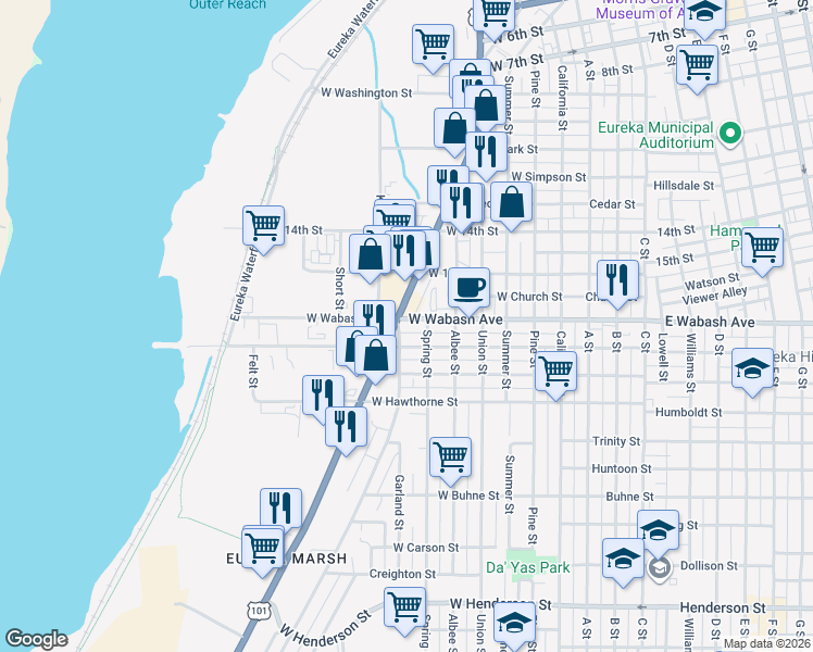 map of restaurants, bars, coffee shops, grocery stores, and more near 639 West Wabash Avenue in Eureka