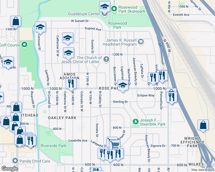 map of restaurants, bars, coffee shops, grocery stores, and more near 1210 West 1000 North in Salt Lake City