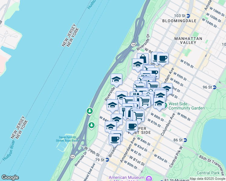 map of restaurants, bars, coffee shops, grocery stores, and more near 160 Riverside Drive in New York