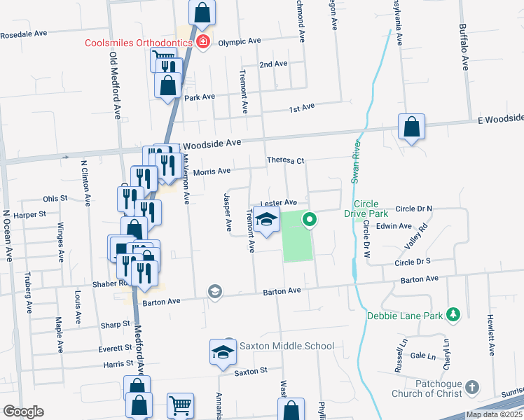 map of restaurants, bars, coffee shops, grocery stores, and more near 40 Tremont Avenue in Patchogue