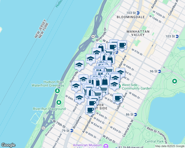 map of restaurants, bars, coffee shops, grocery stores, and more near 615 West End Avenue in New York