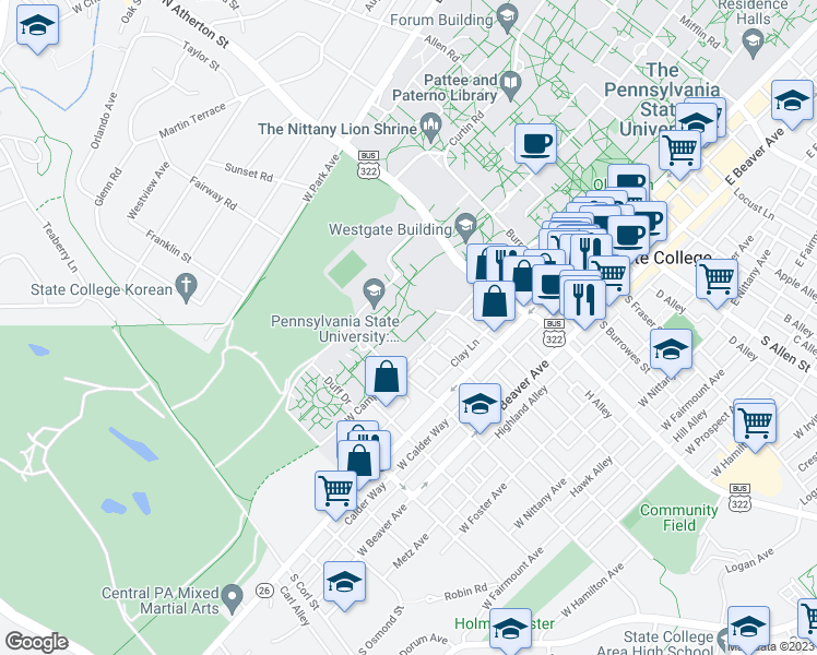 map of restaurants, bars, coffee shops, grocery stores, and more near 310 South Barnard Street in State College
