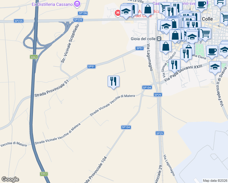 map of restaurants, bars, coffee shops, grocery stores, and more near Strada Provinciale 104 in Bari