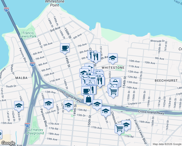 map of restaurants, bars, coffee shops, grocery stores, and more near 150-31 12th Avenue in Queens