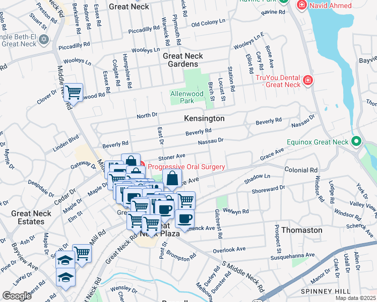 map of restaurants, bars, coffee shops, grocery stores, and more near 41 Stoner Avenue in Great Neck