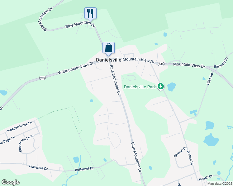 map of restaurants, bars, coffee shops, grocery stores, and more near 1301 Blue Mountain Drive in Danielsville