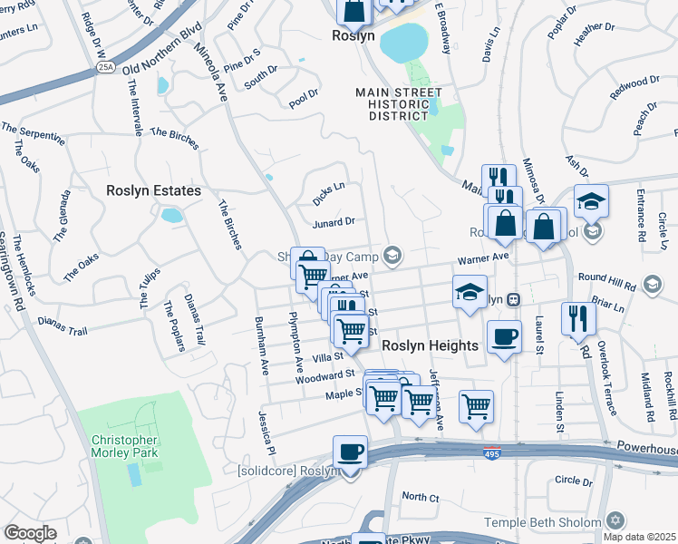 map of restaurants, bars, coffee shops, grocery stores, and more near 99 Warner Avenue in Roslyn Heights