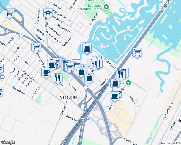 map of restaurants, bars, coffee shops, grocery stores, and more near 308 Mill Creek Drive in Secaucus