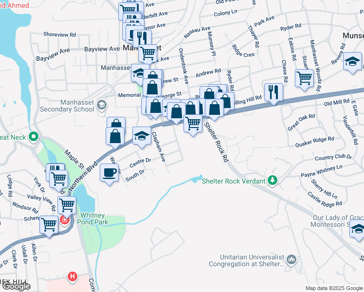 map of restaurants, bars, coffee shops, grocery stores, and more near 32 3rd Street in Manhasset