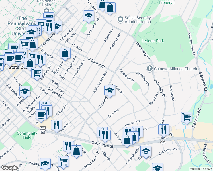 map of restaurants, bars, coffee shops, grocery stores, and more near 291 Easterly Parkway in State College