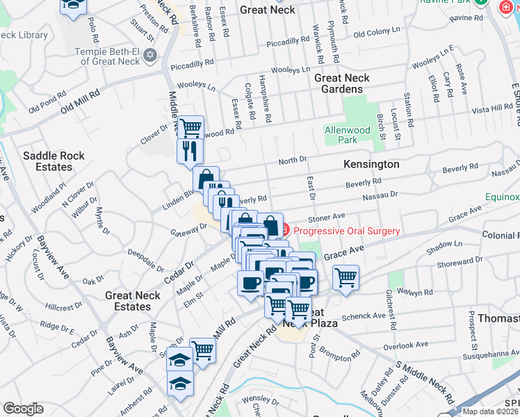 map of restaurants, bars, coffee shops, grocery stores, and more near 2B Nassau Drive in Great Neck