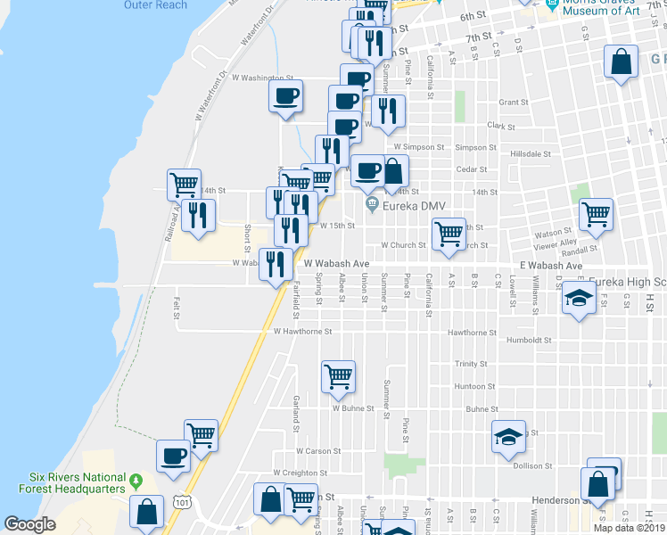map of restaurants, bars, coffee shops, grocery stores, and more near 523 West Wabash Avenue in Eureka