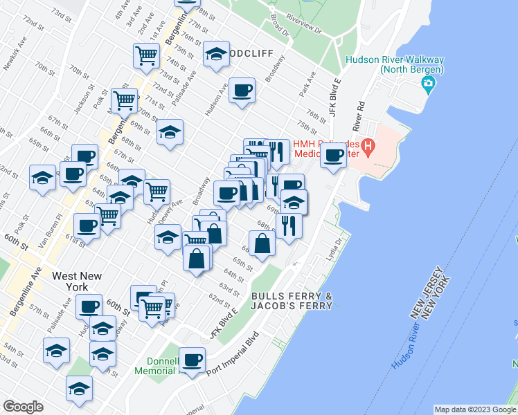 map of restaurants, bars, coffee shops, grocery stores, and more near 71 69th Street in Guttenberg