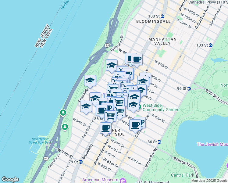 map of restaurants, bars, coffee shops, grocery stores, and more near 250 West 90th Street in New York