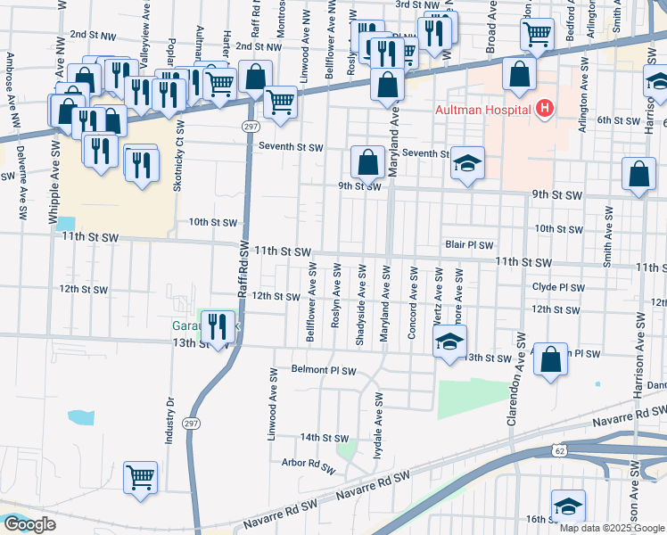 map of restaurants, bars, coffee shops, grocery stores, and more near 1115 Roslyn Avenue Southwest in Canton