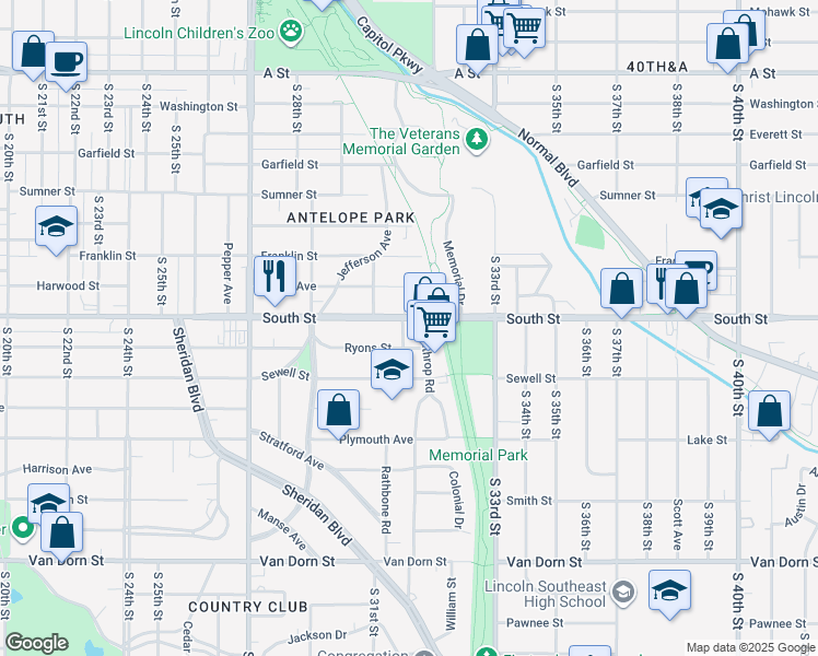 map of restaurants, bars, coffee shops, grocery stores, and more near 3150 Ryons Street in Lincoln
