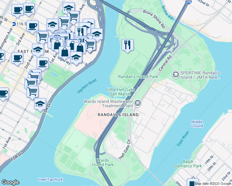 map of restaurants, bars, coffee shops, grocery stores, and more near Little Hell Gate Bridge in New York