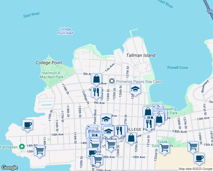 map of restaurants, bars, coffee shops, grocery stores, and more near 124-01 7th Avenue in Queens