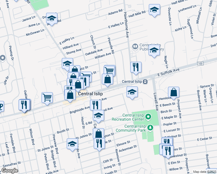 map of restaurants, bars, coffee shops, grocery stores, and more near First Avenue in Central Islip