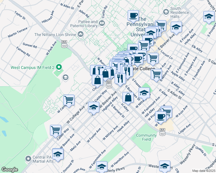 map of restaurants, bars, coffee shops, grocery stores, and more near 412 West College Avenue in State College