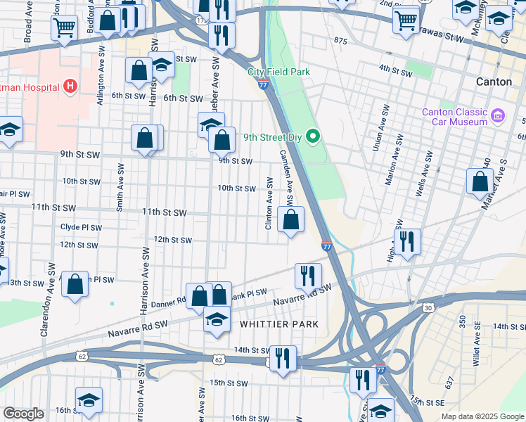 map of restaurants, bars, coffee shops, grocery stores, and more near 1626 11th Street Southwest in Canton