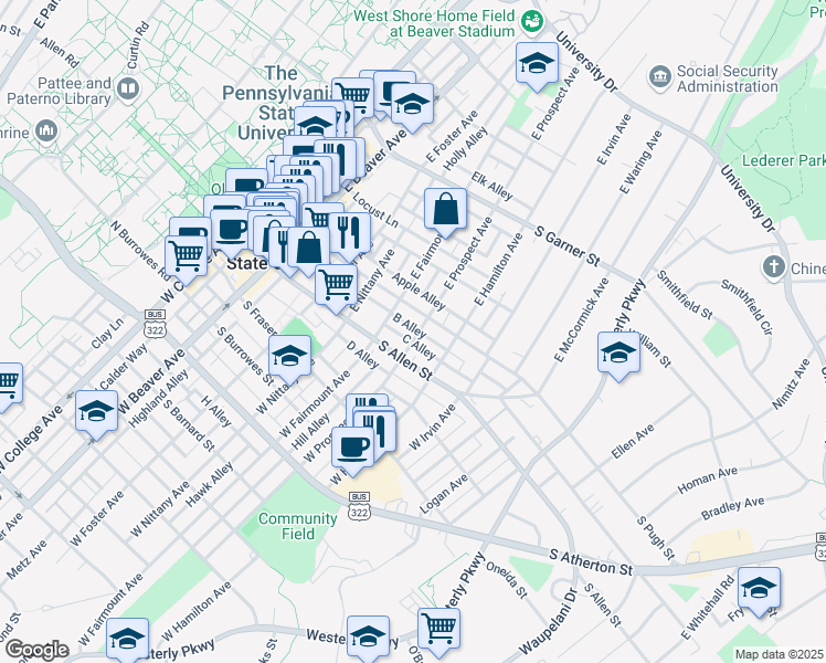 map of restaurants, bars, coffee shops, grocery stores, and more near 127 East Prospect Avenue in State College