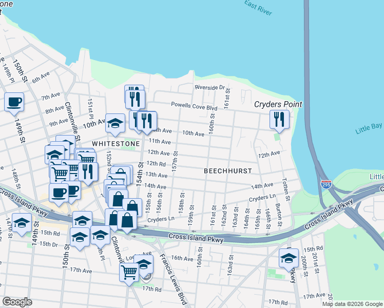 map of restaurants, bars, coffee shops, grocery stores, and more near 157-40 12th Avenue in Queens